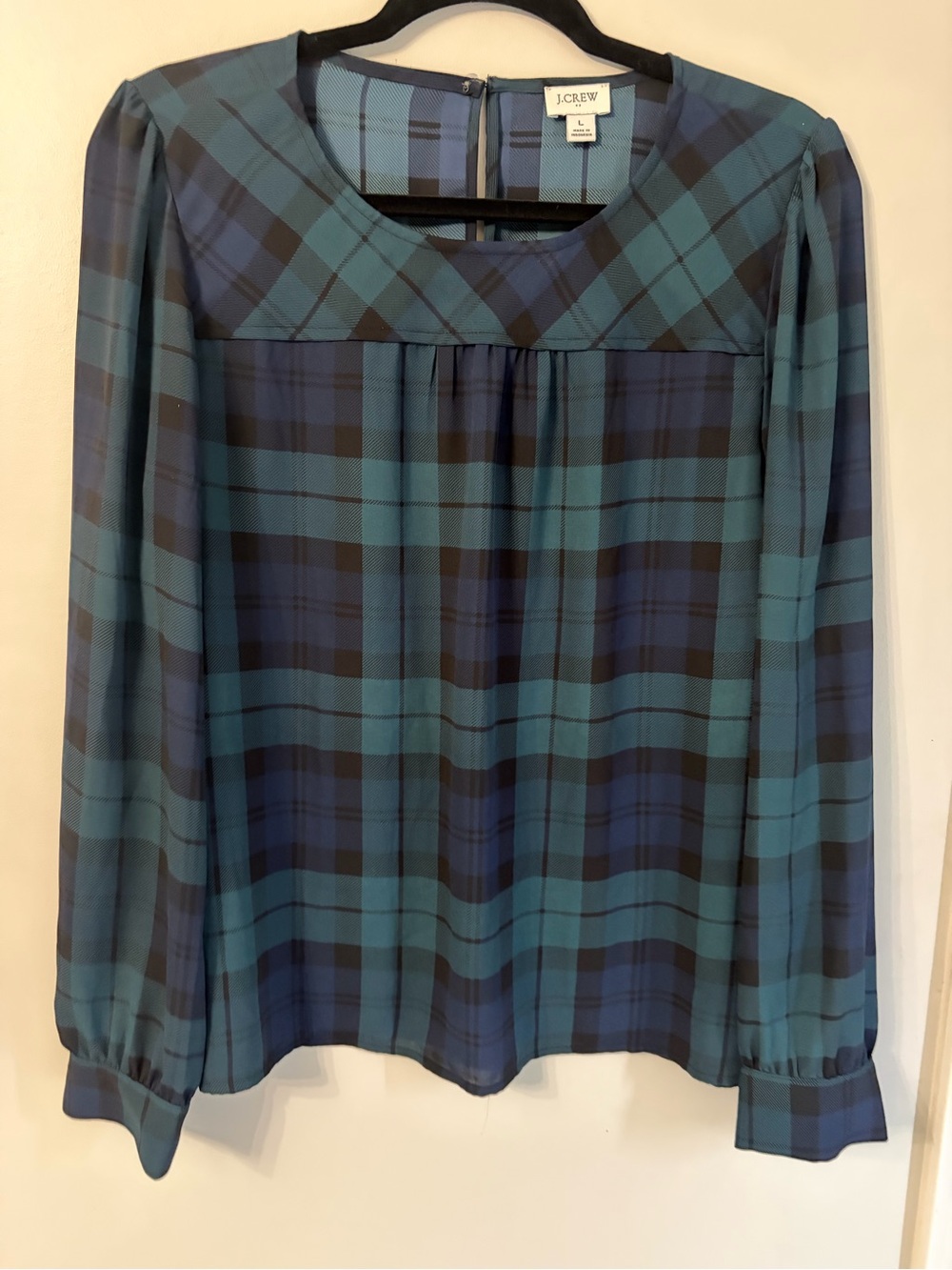J. Crew Women's Blue and Green Plaid Long-Sleeve Blouse size L